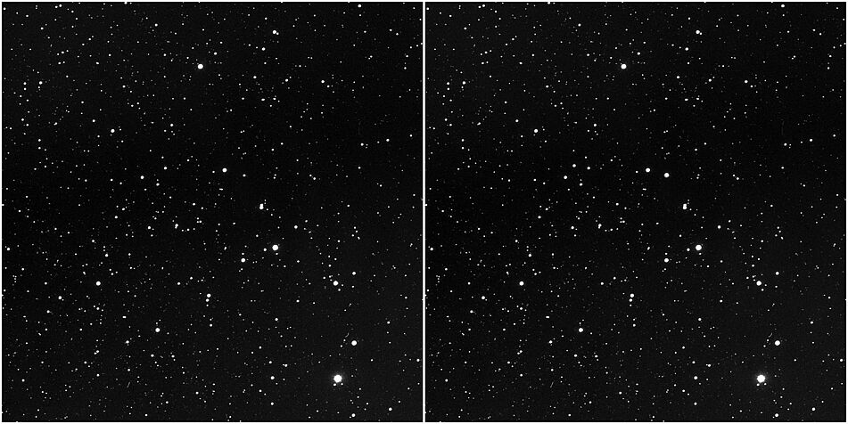 Two historical images of the same star field in the constellation Swan with two simulated variable stars by Dr. Nikoloff 